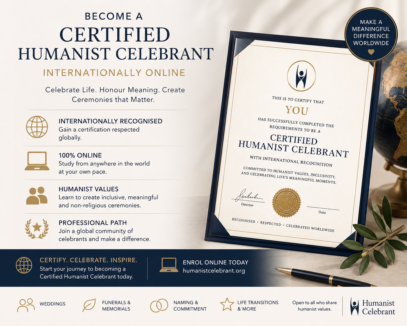 can you be certfied as a humanist celebrant internationally online