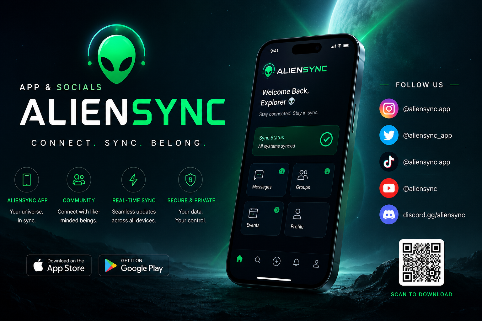 app and socials aliensync